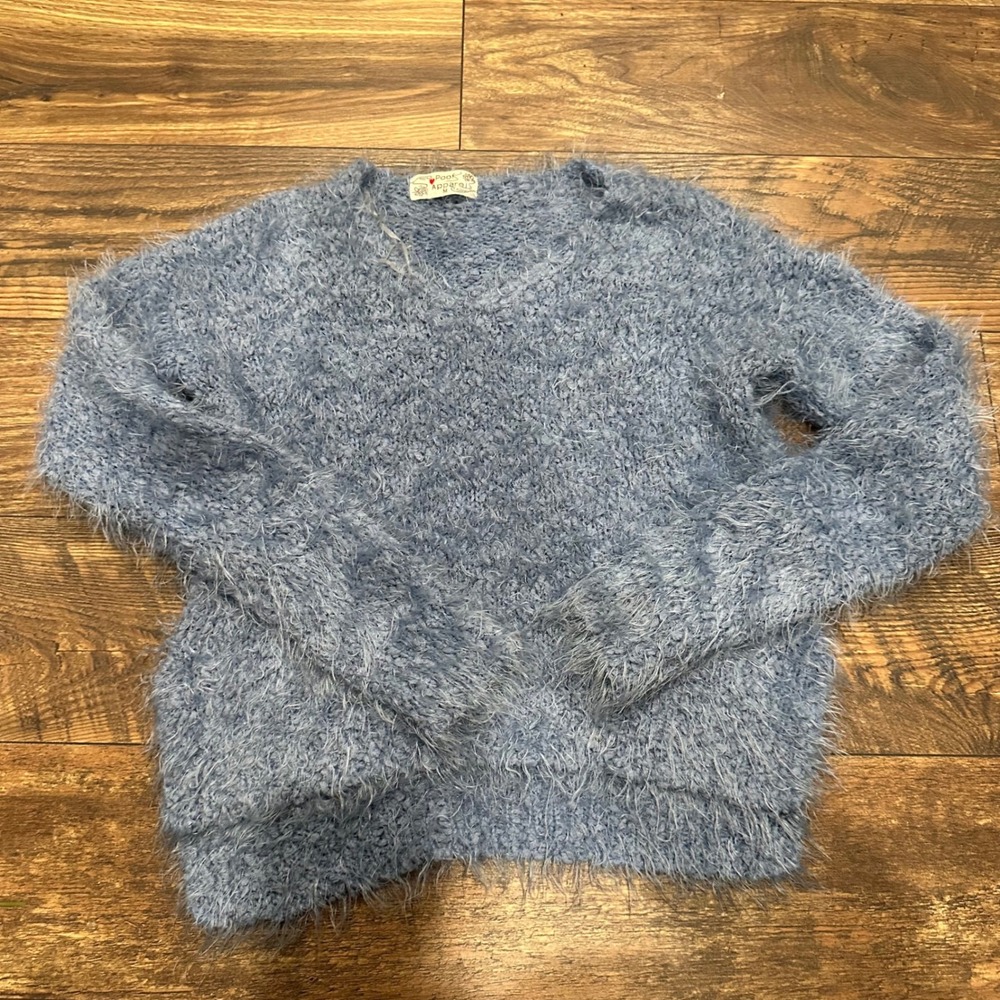Fuzzy Knit Sweater‎ Pullover Blue V-Neck Long Sleeve Soft Cozy Comfy